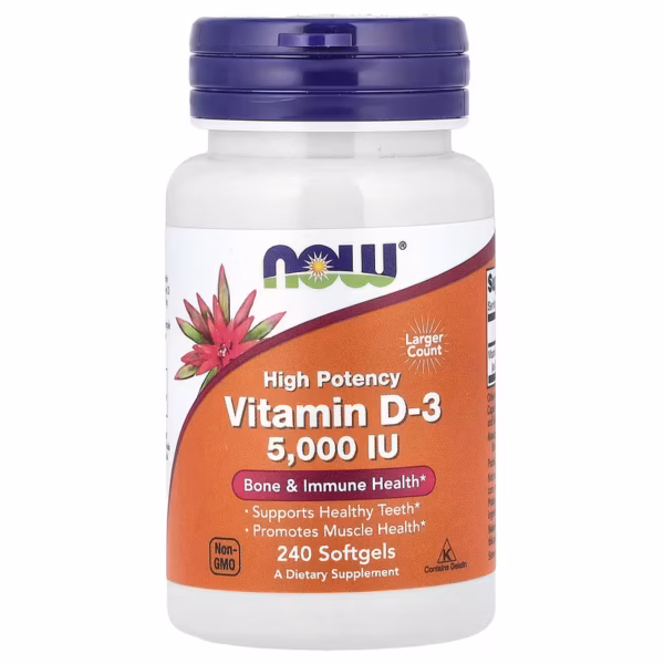 NOW Foods, Vitamina D-3, alta potencia, 5000 UI, 240 cápsulas blandas